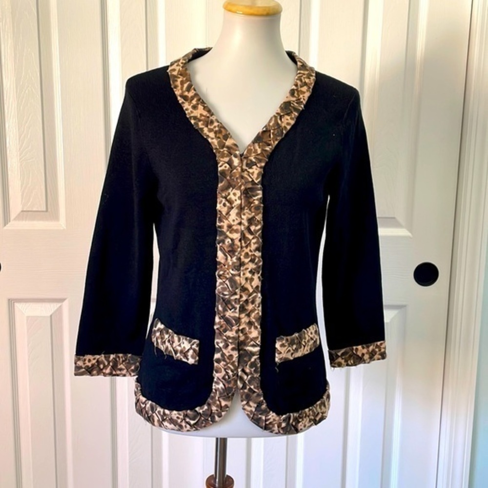 Liz Claiborne black leopard trim jacket with pockets, hook and eye closure.
